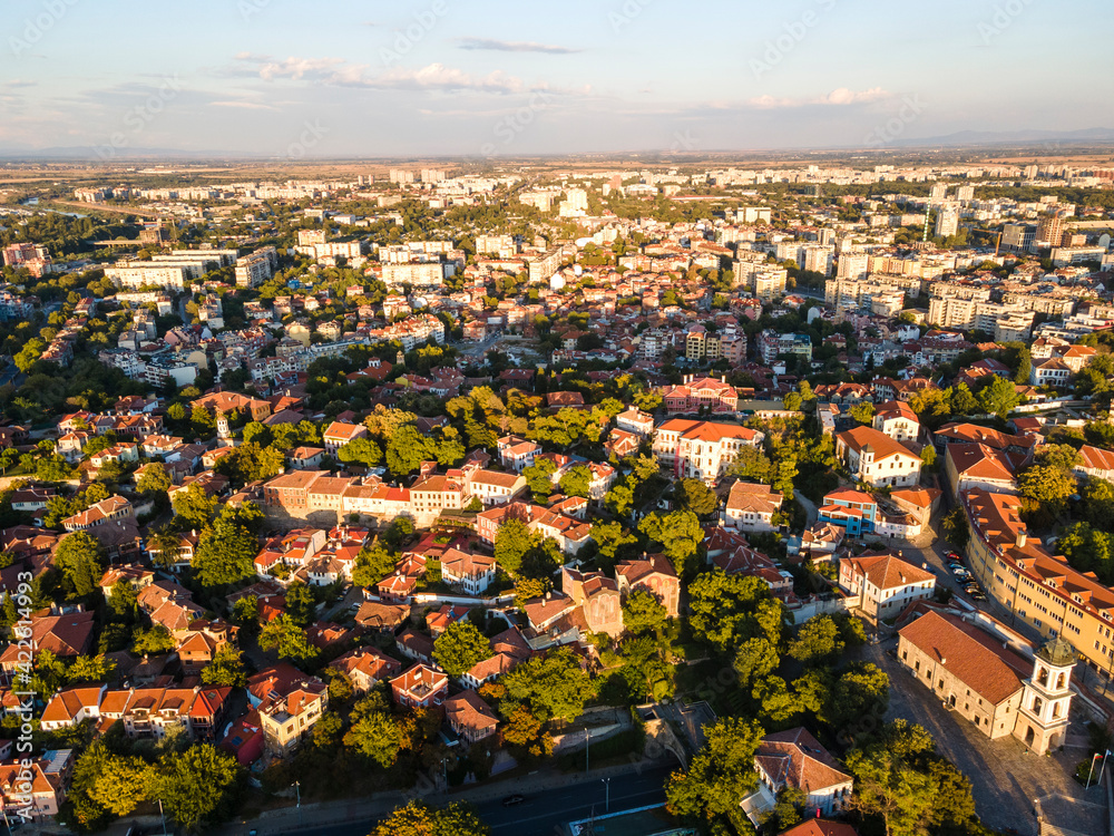 Sunset view of The old town of city of Plovdiv, Bulgaria