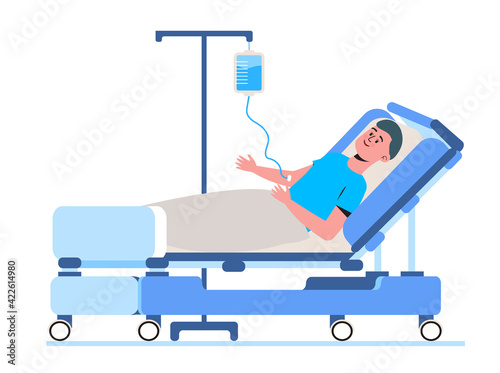 IV in clinic concept vector The patient lies in bed and takes drugs through the IV Chemotherapy, antibiotics, dropper