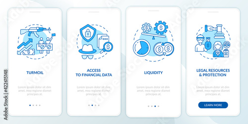 International assets issues onboarding mobile app page screen with concepts. Turmoil, liquidity walkthrough 4 steps graphic instructions. UI, UX, GUI vector template with linear color illustrations