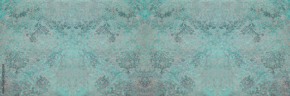 Old turquoise aquamarine vintage worn shabby patchwork ornate motif tiles stone concrete cement wall texture background banner
 - obrazy, fototapety, plakaty 