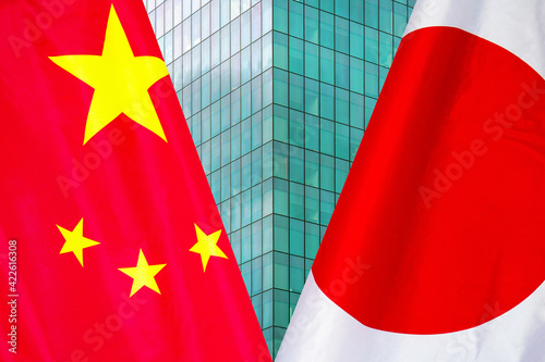 Photography Flag of Japan and China flag close-up