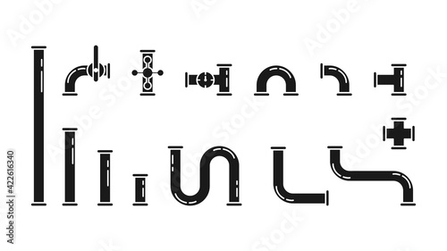 Set of icons of pipes, valves, taps, pipe connectors isolated on white background. Water, fuel or gas supply system, oil refinery industry pipeline, house sewer bolted sections. Vector illustration