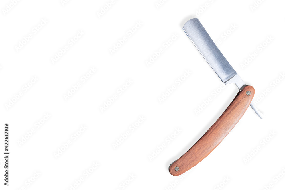 Straight metal razor with a wooden handle.