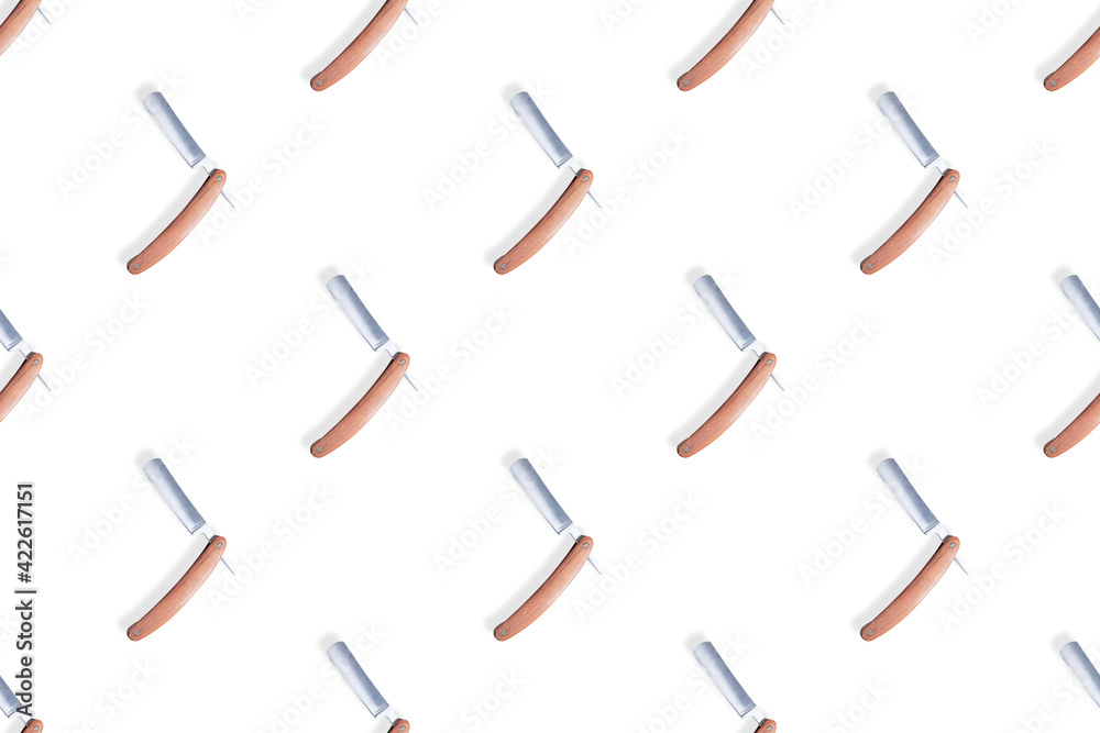Naklejka premium Straight razor seamless pattern. Background on the theme of a hairdressing salon.