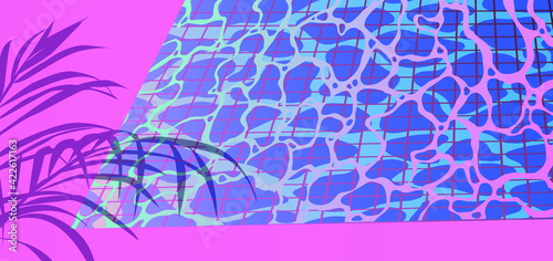 Swimming pool with ripples on pastel pink and blue water surface. Japanese anime pop style, Citypop and Vaporwave nostalgic aesthetics.