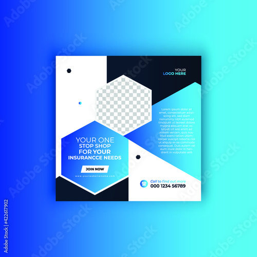 Insurance minimal square banner template. Marketing company social media banner. Life home company insurance advertisement social media post design 