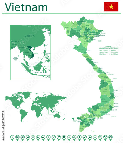 Vietnam detailed map and flag. Vietnam on world map.