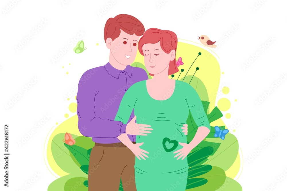 Pregnancy, motherhood concept. Pregnant and happy beautiful young woman holds her belly, hugged by a young man. Flat cartoon vector illustration of a married couple awaiting the birth of a child.