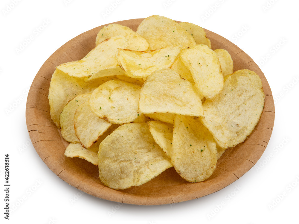 Potato chips on plates made from eco friendly cardboard Potato chips on plates made from eco friendly cardboard