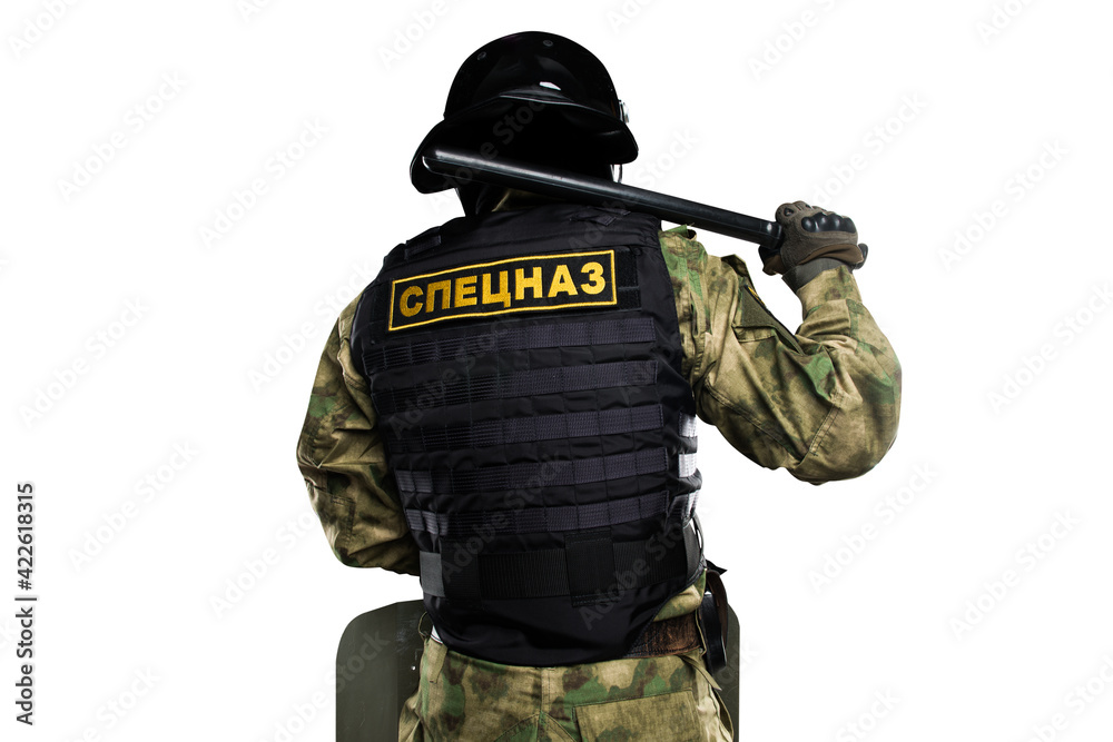 Soldiers in full uniform with armor, baton, protective shield. Uniform conforms to Police Special Purpose Mobile Unit (rosgvardia). Patch on the rude with the inscription Rosgvardia in Russian. Soldiers in full uniform with armor, baton, protective shield. Uniform conforms to Police Special Purpose Mobile Unit (rosgvardia). Patch on the rude with the inscription Rosgvardia in Russian.
