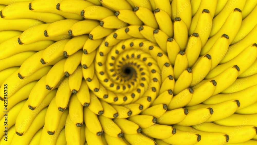 3D bananas swirl flower loop. Abstract circular flower constructed with bananas moving inside out. Loopable animation of fruit swirl.