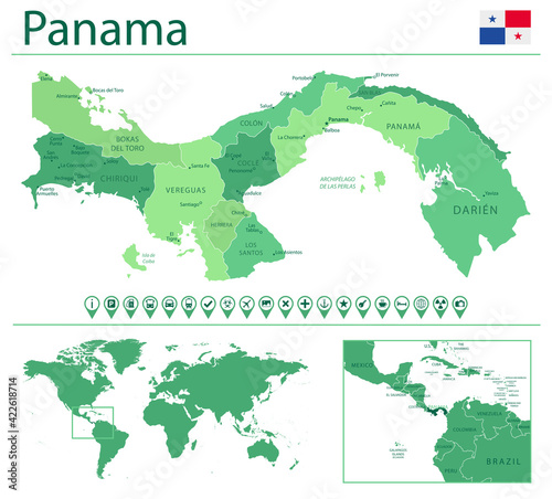 Panama detailed map and flag. Panama on world map.
