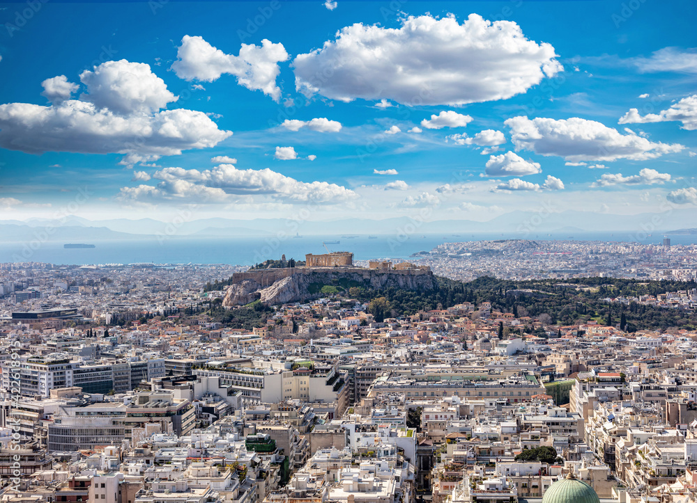Athens, Greece. Acropolis and Parthenon temple, view from Lycabettus Hill.