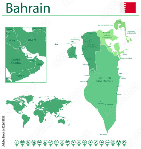 Bahrain detailed map and flag. Bahrain on world map.