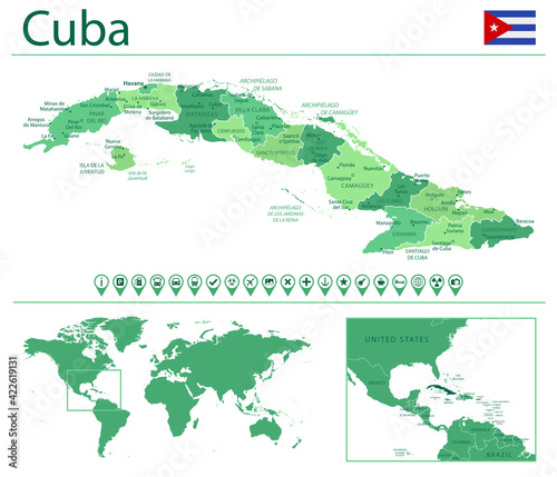 Cuba detailed map and flag. Cuba on world map.