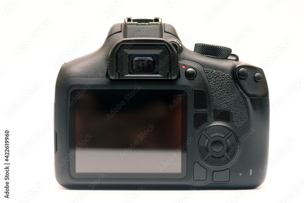 Digital SLR crop sensor body without logos. Back view camera with viewfinder, screen and buttons