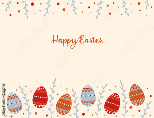 Decorative horizontal strip of Easter eggs and pussy willow branches. Vector illustration greeting card, ad, promotion, poster, flyer, web-banner.