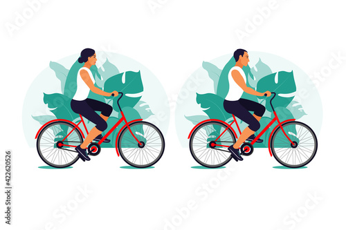 Man and woman on a bike in the park. Healthy lifestyle concept. Sport training. Fitness. Vector illustration. Flat.