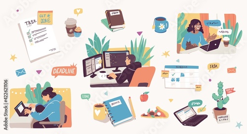 Freelance people work from home. Distant work business concept. Illustrations of men and women teamwork flat illustrations