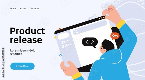 Landing page template of developing computer software, coding and programming . Modern flat design concept of web page design for website. Vector