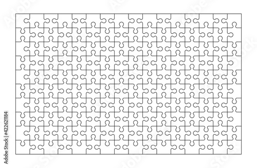Set of one hundred sixty puzzle pieces. Puzzle with different types of details and the ability to move each part. Black and white vector illustration isolated on white background.
