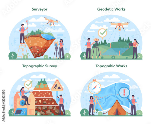 Surveyor concept set. Land surveying technology, geodesy science