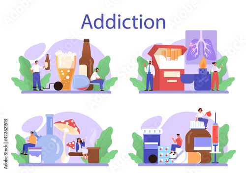 Addiction concept set. Idea of medical treatment for addicted people.