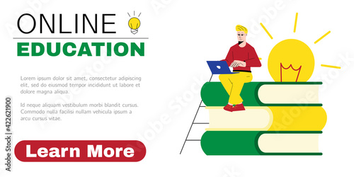 Man taking online courses via laptop. Concept for online education ad, virtual graduation, webinar, distance learning. Web page design template. Vector illustration.