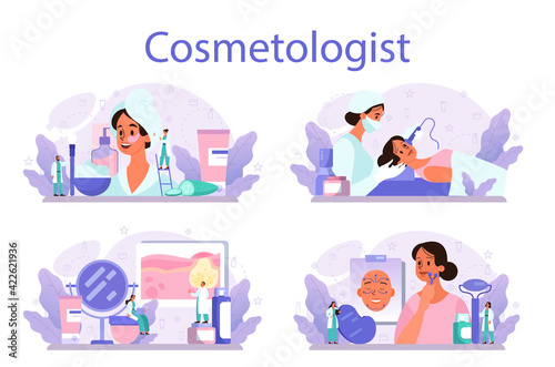 Cosmetologist concept set, skin care and treatment. Young woman treating