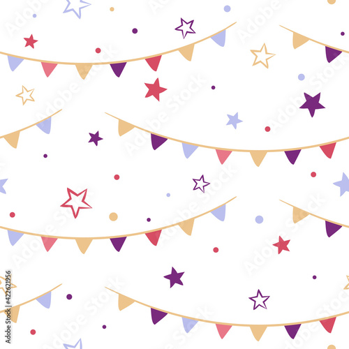 Seamless vector pattern with stars and garland of flags. Cute kids background in doodle style. Vector illustration for decoration of children's projects, fabrics, clothes, wallpapers and prints
