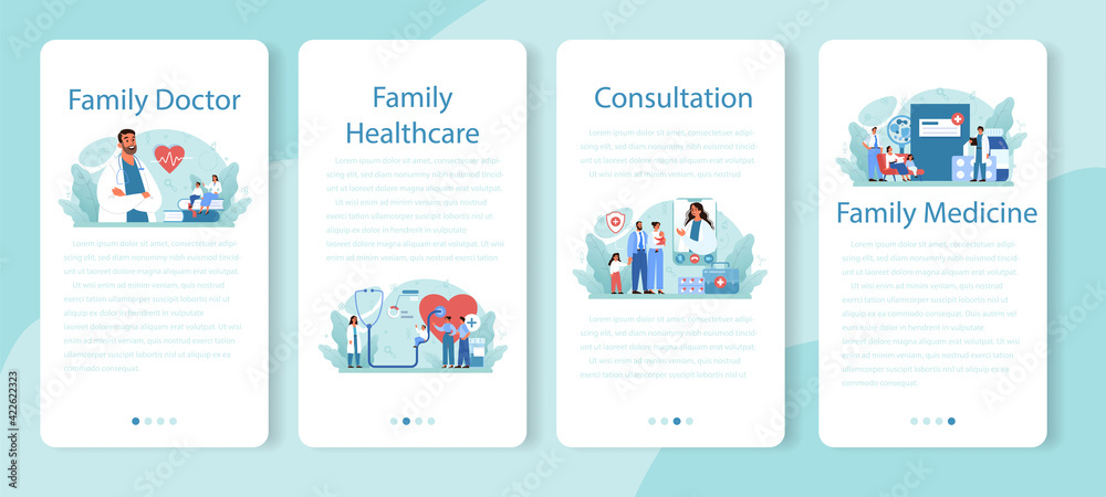 Family doctor mobile application banner set. Healthcare, modern medicine Family doctor mobile application banner set. Healthcare, modern medicine