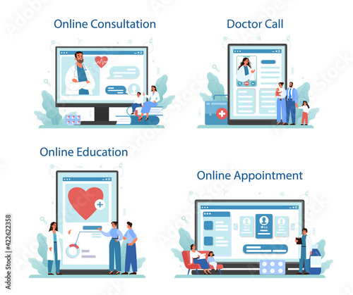 Family doctor online service or platform set. Healthcare, modern medicine