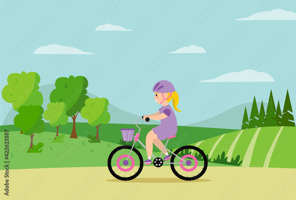 A girl in a helmet riding in the park.On the background of a field, trees, mountains. illustration