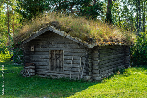 Old timbered cabin with a roof of grass