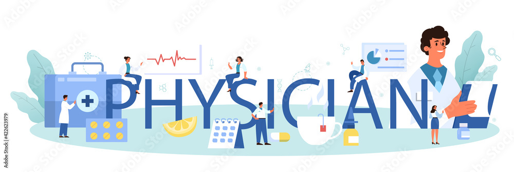 Physician or general healthcare doctor typographic header. Idea of doctor
