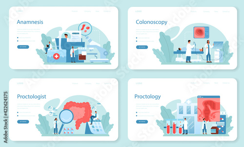 Proctologist web banner or landing page set. Doctor examine intestine.