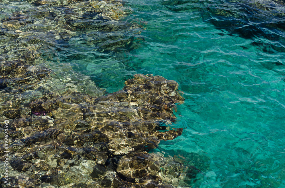 Rocks are seen at the bottom of the Red Sea in clear turquoise sea water near Eilat