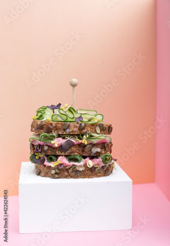 Vegan multigrain sandwich with microgreen, sprouts, hummus, beet and cucumber, Vegan food 
