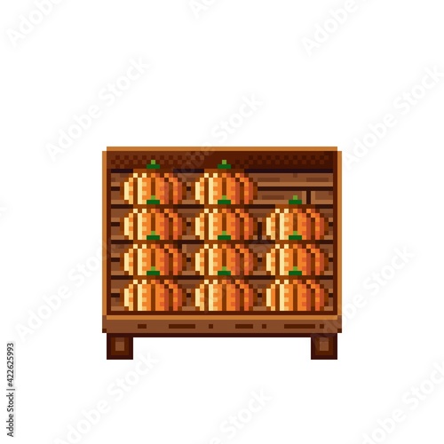 Vegetable shop pixel art. Pumpkin in a wooden crate. Pumpkins, food pixel art icon isolated on white background. Pumpkins stall. Showcase with vegetable waste. Vector illustration. Happy Halloween.