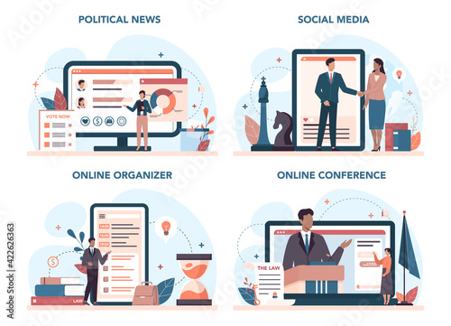 Politician online service or platform set. Political party program building,