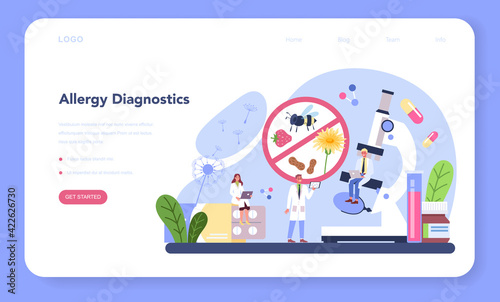 Allergist web banner or landing page. Disease with allergy symptom,