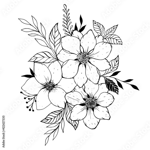 Flowers and leaves sketch. Bouquet of hand-drawn spring flowers and plants. Monochrome vector illustration in sketch style.