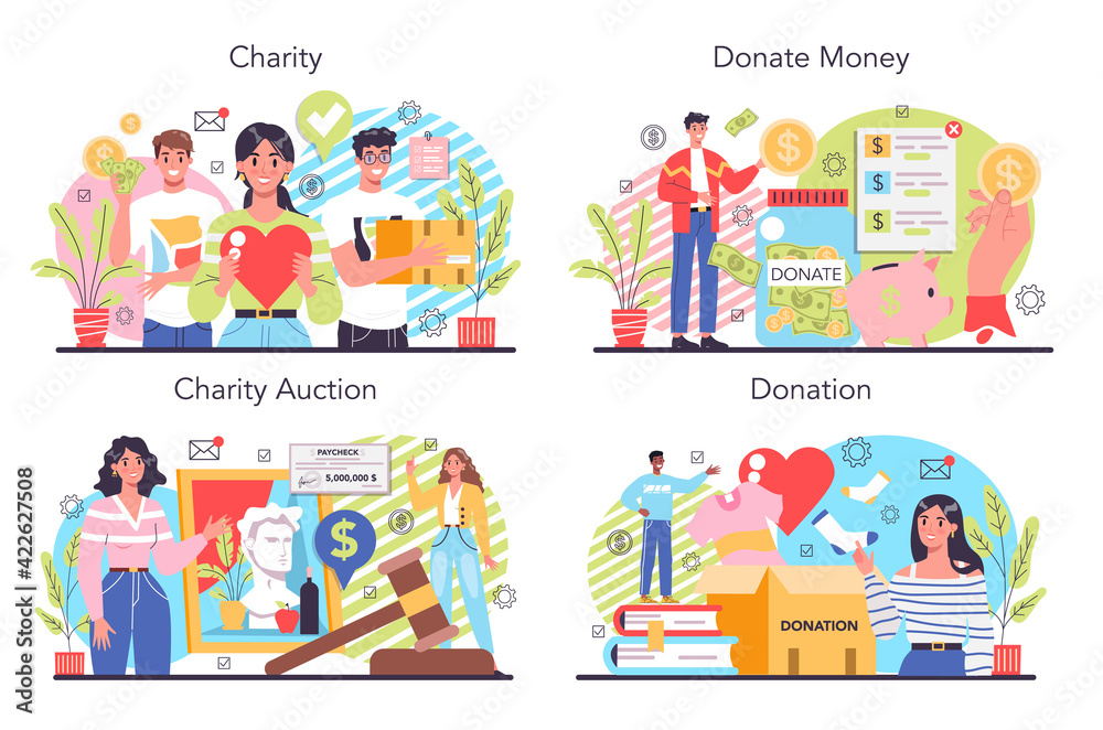 Charity concept set. People or volunteer donate stuff to help people.
