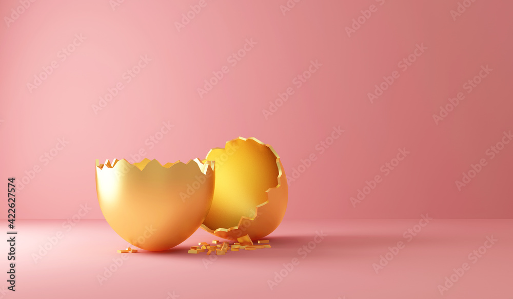 Empty Broken Golden Easter Egg on Pink studio background Empty Broken Golden Easter Egg on Pink studio background