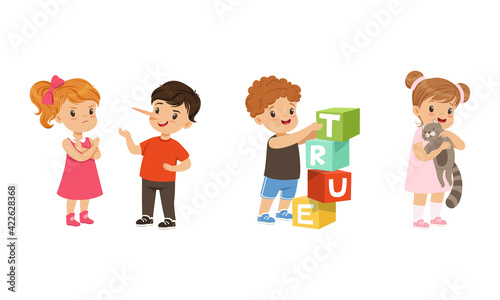 Kind and Fair Little Girl and Boy Character Playing with Toy Blocks and Denying Lie Vector Illustration Set