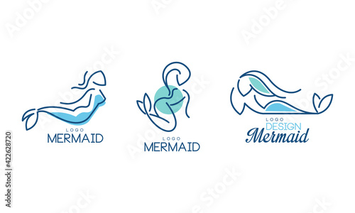 Mermaid Logo Design with Aquatic Creature Having Fish Tail Vector Set