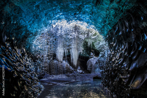 beautiful light reflections in an ice cave