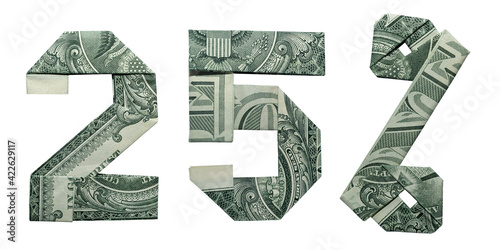 25 Percents Sale Sign Collage Money Origami Folded with 3 Real One Dollar Bills Isolated on White Background photo