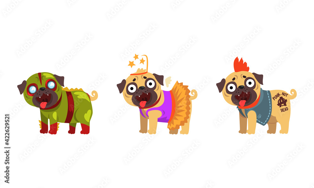 Fototapeta premium Funny Pug Dog in Colorful Costumes Vector Set