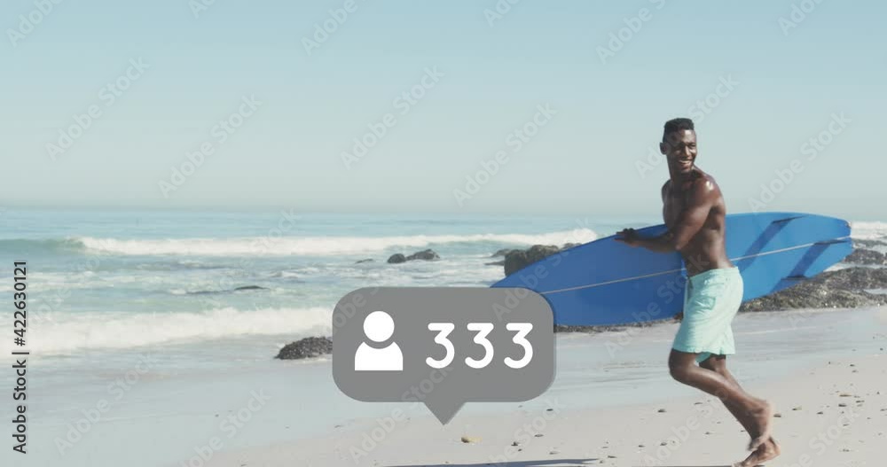 Animation of speech bubble with people icon and numbers over couple running with surfboards on beach